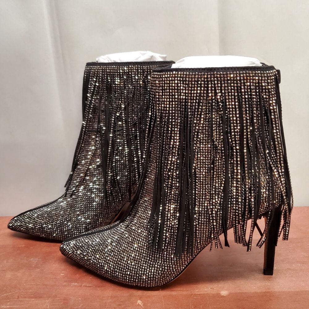 Ismeria Pewter Crystal Tassel Fringe Ankle Heel BLING Boots NEW